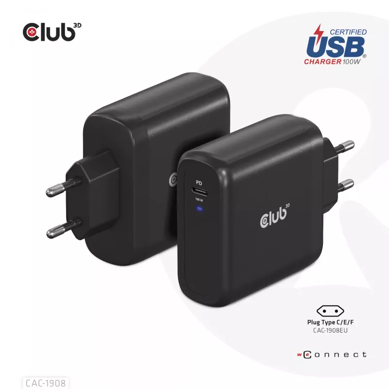 CLUB3D reisilaadija 100 W GaN-tehnoloogia, USB-IF TID sertifitseeritud, üks USB USB-C port, Power Delivery (PD) 3.0 tugi