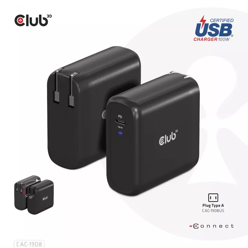 CLUB3D reisilaadija 100 W GaN-tehnoloogia, USB-IF TID sertifitseeritud, üks USB USB-C port, Power Delivery (PD) 3.0 tugi