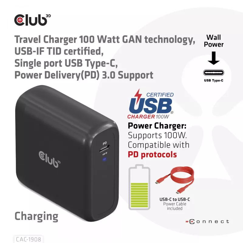 CLUB3D reisilaadija 100 W GaN-tehnoloogia, USB-IF TID sertifitseeritud, üks USB USB-C port, Power Delivery (PD) 3.0 tugi
