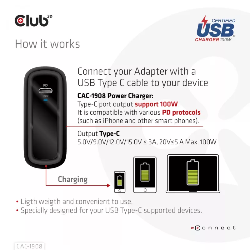 CLUB3D reisilaadija 100 W GaN-tehnoloogia, USB-IF TID sertifitseeritud, üks USB USB-C port, Power Delivery (PD) 3.0 tugi