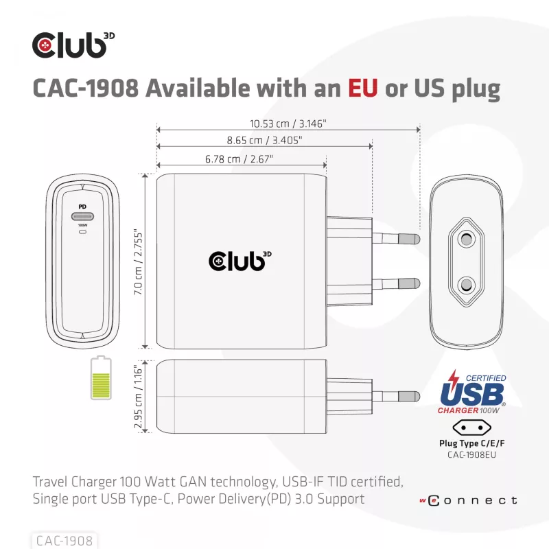 CLUB3D reisilaadija 100 W GaN-tehnoloogia, USB-IF TID sertifitseeritud, üks USB USB-C port, Power Delivery (PD) 3.0 tugi