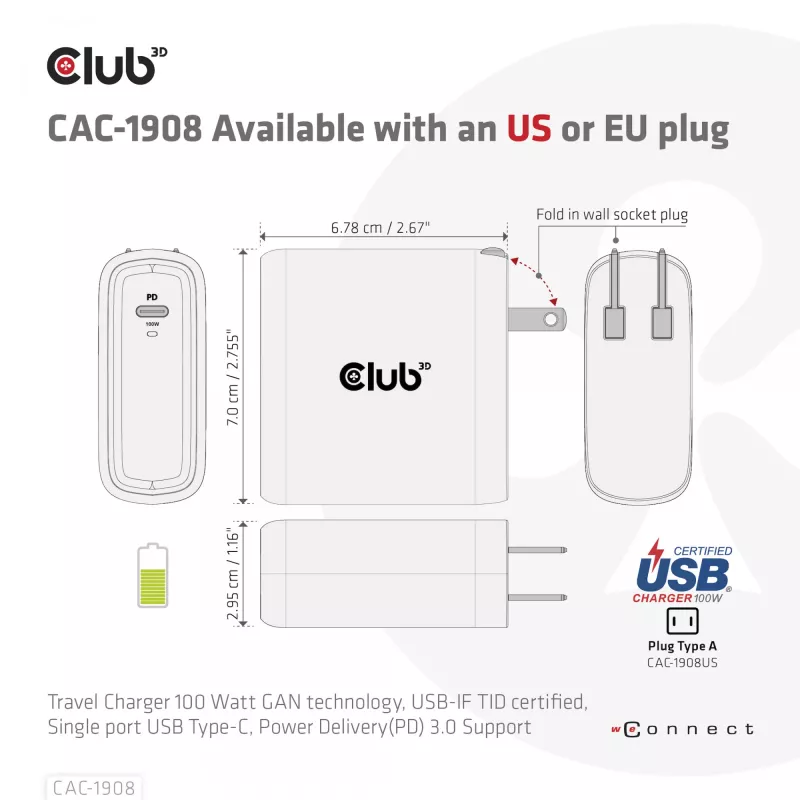CLUB3D reisilaadija 100 W GaN-tehnoloogia, USB-IF TID sertifitseeritud, üks USB USB-C port, Power Delivery (PD) 3.0 tugi