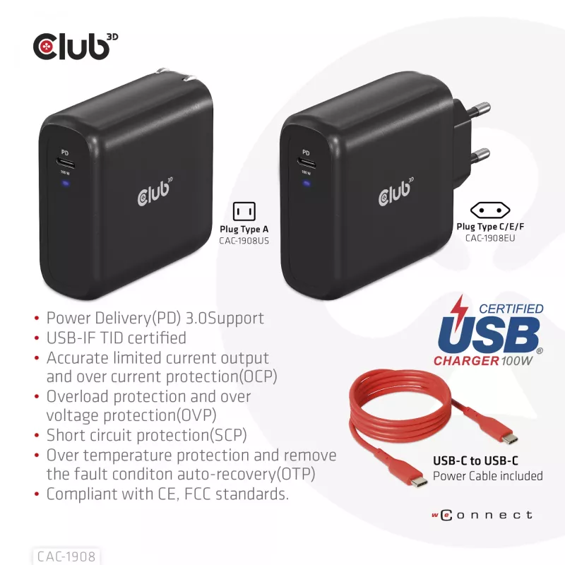 CLUB3D reisilaadija 100 W GaN-tehnoloogia, USB-IF TID sertifitseeritud, üks USB USB-C port, Power Delivery (PD) 3.0 tugi