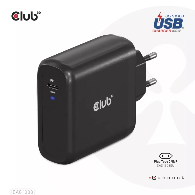 CLUB3D reisilaadija 100 W GaN-tehnoloogia, USB-IF TID sertifitseeritud, üks USB USB-C port, Power Delivery (PD) 3.0 tugi