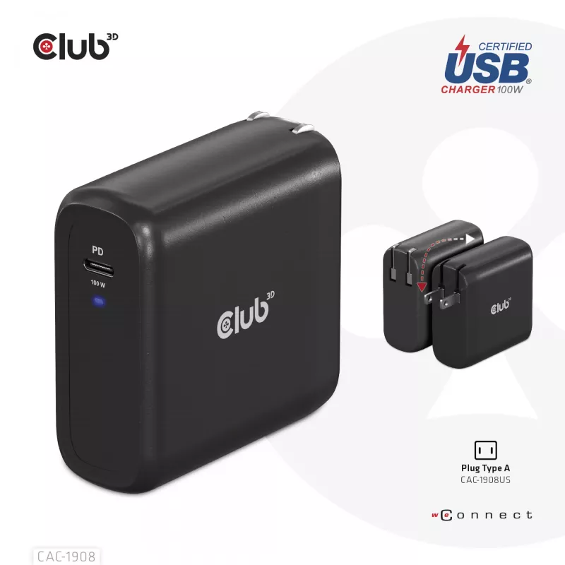 CLUB3D reisilaadija 100 W GaN-tehnoloogia, USB-IF TID sertifitseeritud, üks USB USB-C port, Power Delivery (PD) 3.0 tugi