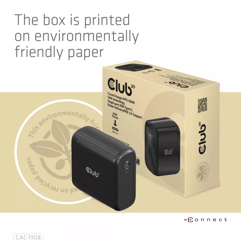 CLUB3D reisilaadija 100 W GaN-tehnoloogia, USB-IF TID sertifitseeritud, üks USB USB-C port, Power Delivery (PD) 3.0 tugi