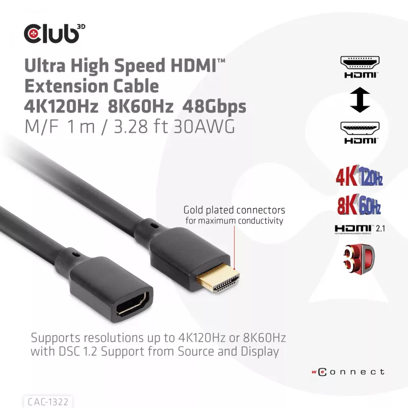 CLUB3D Ultra High Speed HDMI pikenduskaabel 4K120Hz 8K60Hz 48Gbps M/F 1 m / 3.28 ft 30AWG