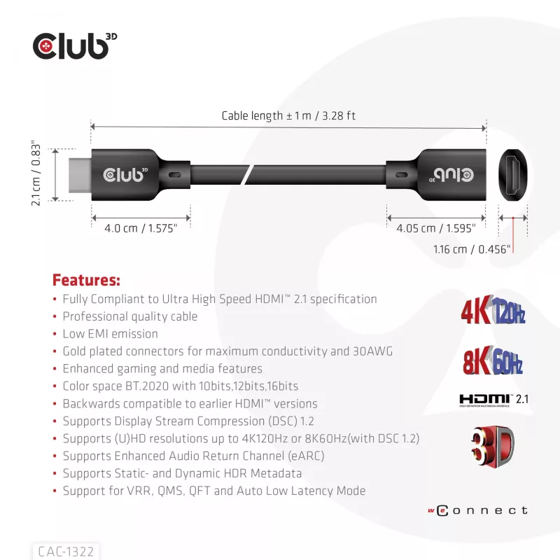 CLUB3D Ultra High Speed HDMI pikenduskaabel 4K120Hz 8K60Hz 48Gbps M/F 1 m / 3.28 ft 30AWG