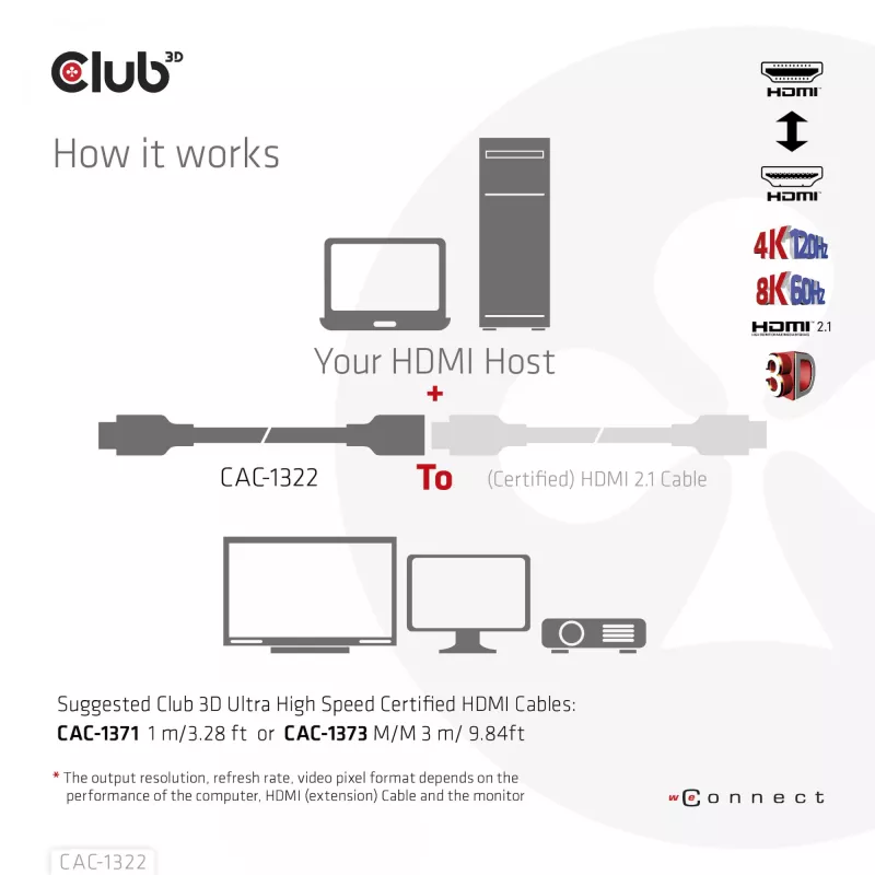 CLUB3D Ultra High Speed HDMI pikenduskaabel 4K120Hz 8K60Hz 48Gbps M/F 1 m / 3.28 ft 30AWG