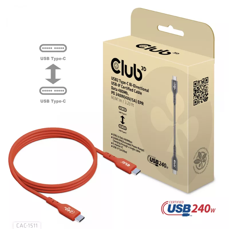 CLUB3D USB2 Type-C kahesuunaline USB-IF sertifitseeritud kaabel andmesideks 480Mb, PD 240W(48V/5A) EPR M/M 1m / 3.23 ft
