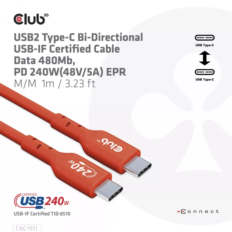 CLUB3D USB2 Type-C kahesuunaline USB-IF sertifitseeritud kaabel andmesideks 480Mb, PD 240W(48V/5A) EPR M/M 1m / 3.23 ft