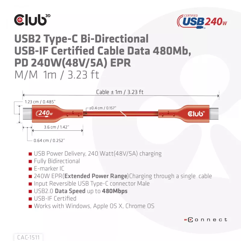 CLUB3D USB2 Type-C kahesuunaline USB-IF sertifitseeritud kaabel andmesideks 480Mb, PD 240W(48V/5A) EPR M/M 1m / 3.23 ft