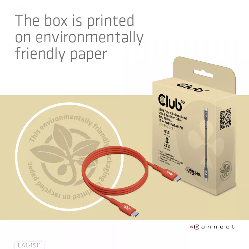 CLUB3D USB2 Type-C kahesuunaline USB-IF sertifitseeritud kaabel andmesideks 480Mb, PD 240W(48V/5A) EPR M/M 1m / 3.23 ft