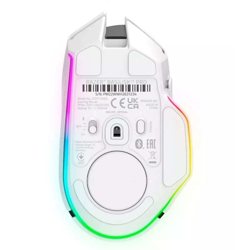 Gaming hiir Razer Basilisk V3 Pro — paremakäeline, optiline 30 000 DPI, RF Wireless/Bluetooth/USB-C, valge
