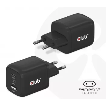CLUB3D reisilaadija PPS 65W GAN tehnoloogiaga, kolme pordiga (2x USB Type-C + USB Type-A) Power Delivery (PD) 3.0 tugi