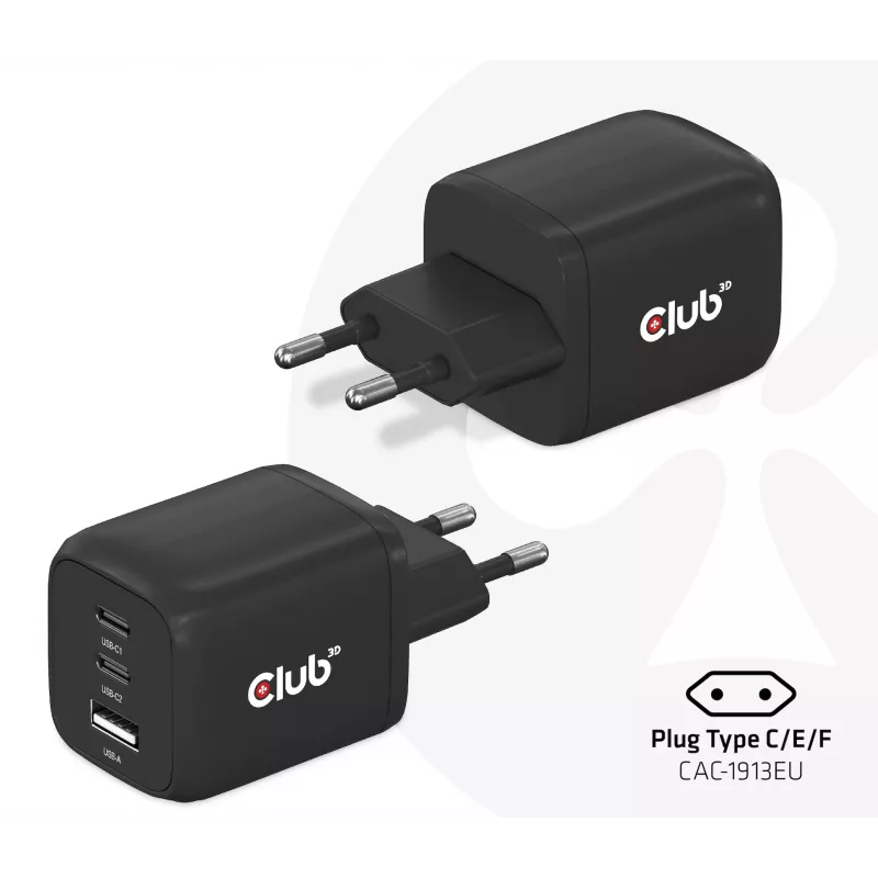 CLUB3D reisilaadija PPS 65W GAN tehnoloogiaga, kolme pordiga (2x USB Type-C + USB Type-A) Power Delivery (PD) 3.0 tugi