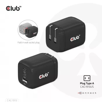 CLUB3D reisilaadija PPS 65W GAN tehnoloogiaga, kolme pordiga (2x USB Type-C + USB Type-A) Power Delivery (PD) 3.0 tugi