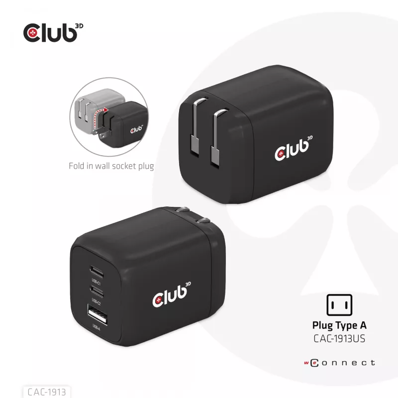 CLUB3D reisilaadija PPS 65W GAN tehnoloogiaga, kolme pordiga (2x USB Type-C + USB Type-A) Power Delivery (PD) 3.0 tugi