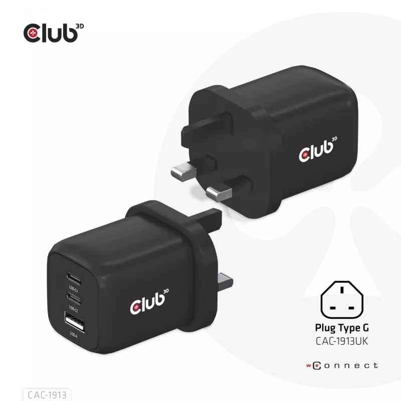 CLUB3D reisilaadija PPS 65W GAN tehnoloogiaga, kolme pordiga (2x USB Type-C + USB Type-A) Power Delivery (PD) 3.0 tugi
