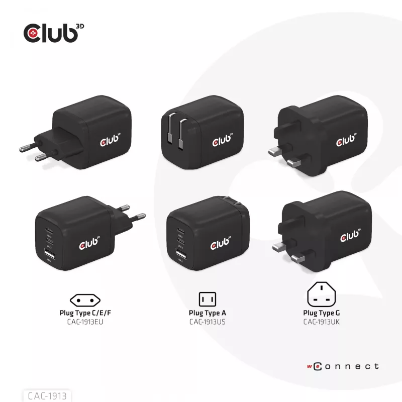 CLUB3D reisilaadija PPS 65W GAN tehnoloogiaga, kolme pordiga (2x USB Type-C + USB Type-A) Power Delivery (PD) 3.0 tugi