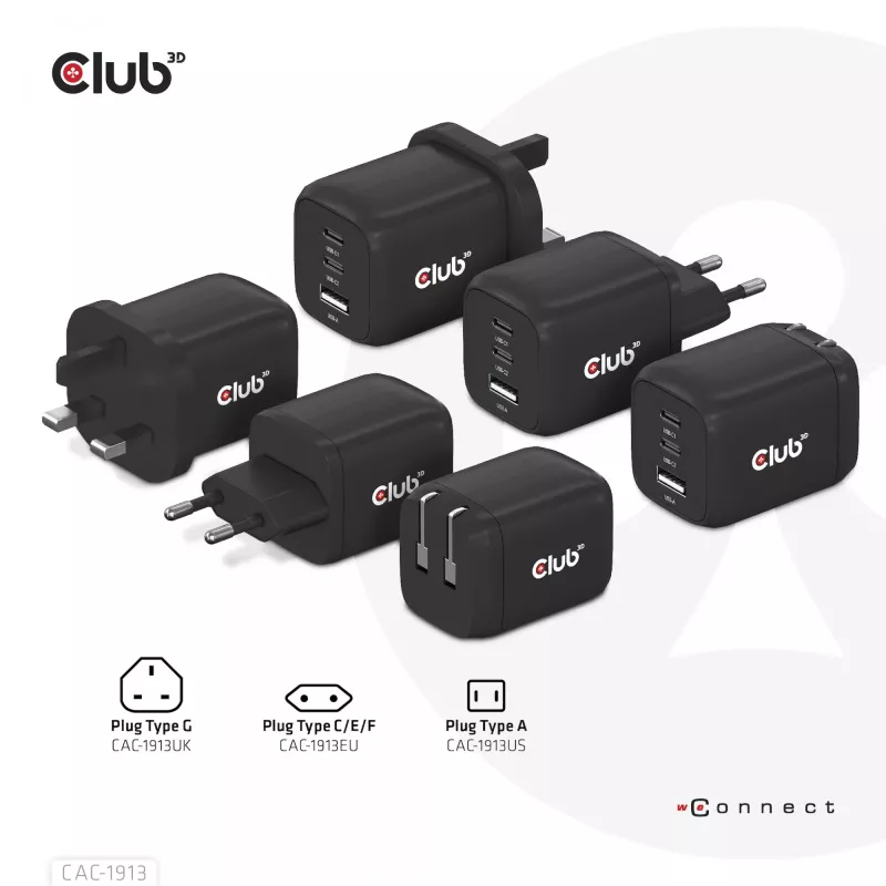 CLUB3D reisilaadija PPS 65W GAN tehnoloogiaga, kolme pordiga (2x USB Type-C + USB Type-A) Power Delivery (PD) 3.0 tugi