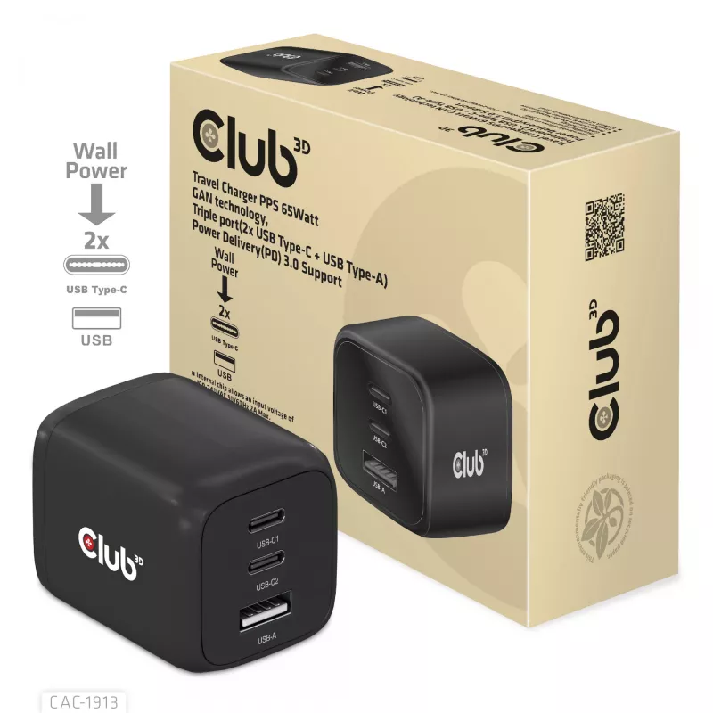 CLUB3D reisilaadija PPS 65W GAN tehnoloogiaga, kolme pordiga (2x USB Type-C + USB Type-A) Power Delivery (PD) 3.0 tugi
