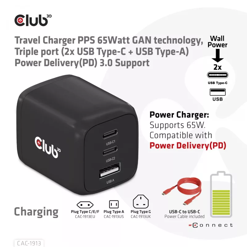CLUB3D reisilaadija PPS 65W GAN tehnoloogiaga, kolme pordiga (2x USB Type-C + USB Type-A) Power Delivery (PD) 3.0 tugi
