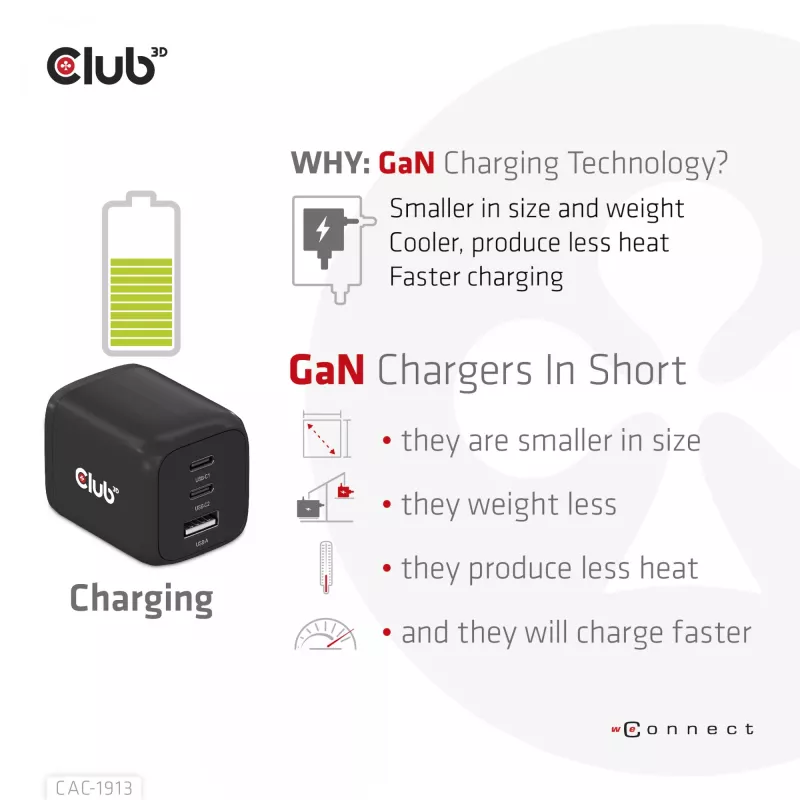 CLUB3D reisilaadija PPS 65W GAN tehnoloogiaga, kolme pordiga (2x USB Type-C + USB Type-A) Power Delivery (PD) 3.0 tugi