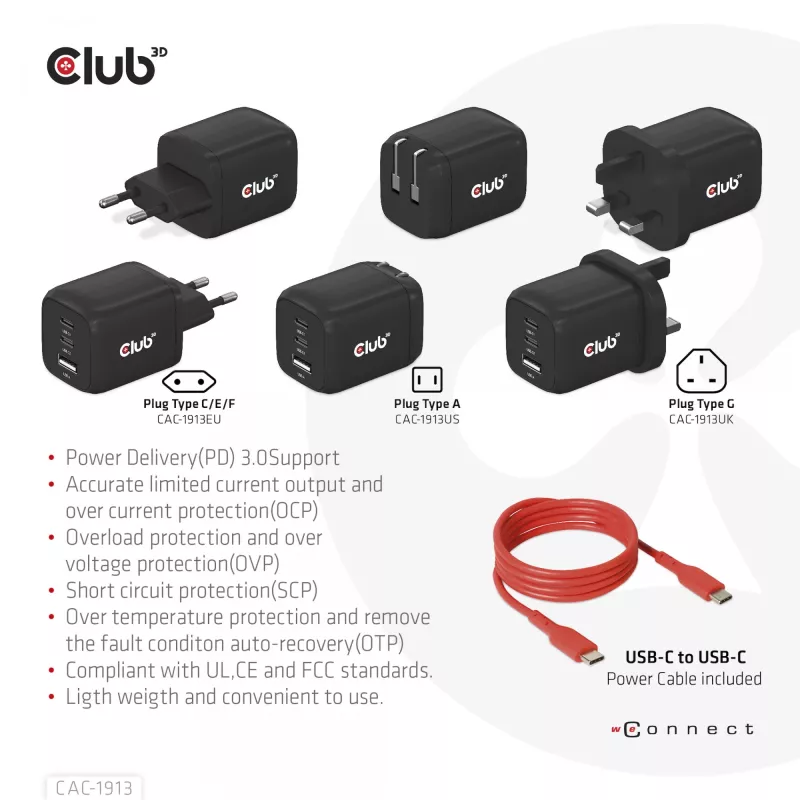 CLUB3D reisilaadija PPS 65W GAN tehnoloogiaga, kolme pordiga (2x USB Type-C + USB Type-A) Power Delivery (PD) 3.0 tugi