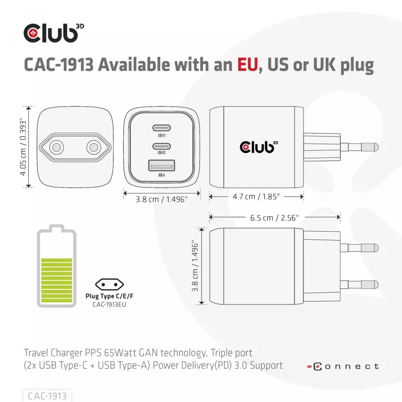 CLUB3D reisilaadija PPS 65W GAN tehnoloogiaga, kolme pordiga (2x USB Type-C + USB Type-A) Power Delivery (PD) 3.0 tugi