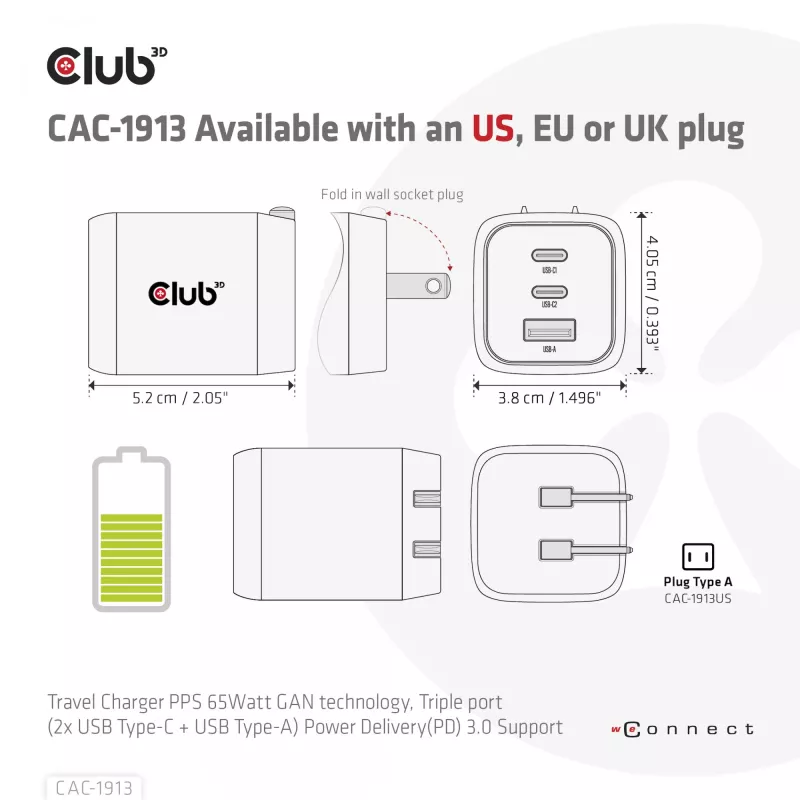 CLUB3D reisilaadija PPS 65W GAN tehnoloogiaga, kolme pordiga (2x USB Type-C + USB Type-A) Power Delivery (PD) 3.0 tugi