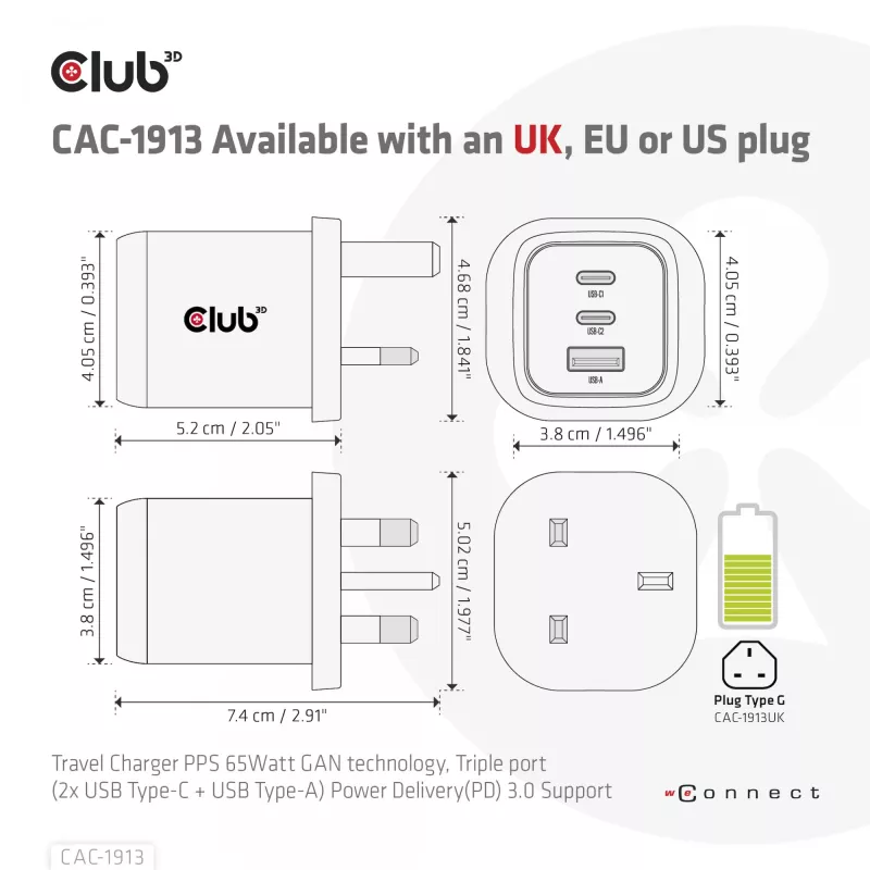 CLUB3D reisilaadija PPS 65W GAN tehnoloogiaga, kolme pordiga (2x USB Type-C + USB Type-A) Power Delivery (PD) 3.0 tugi