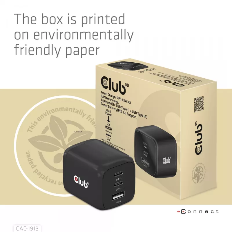CLUB3D reisilaadija PPS 65W GAN tehnoloogiaga, kolme pordiga (2x USB Type-C + USB Type-A) Power Delivery (PD) 3.0 tugi