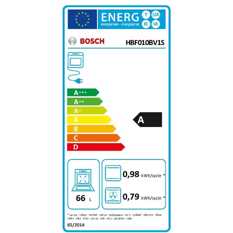 Sisseehitatud elektriahi Bosch Serie 2 HBF010BV1S — 66 L, pöördregulaatorid, halogeenlamp, A-klass, valge