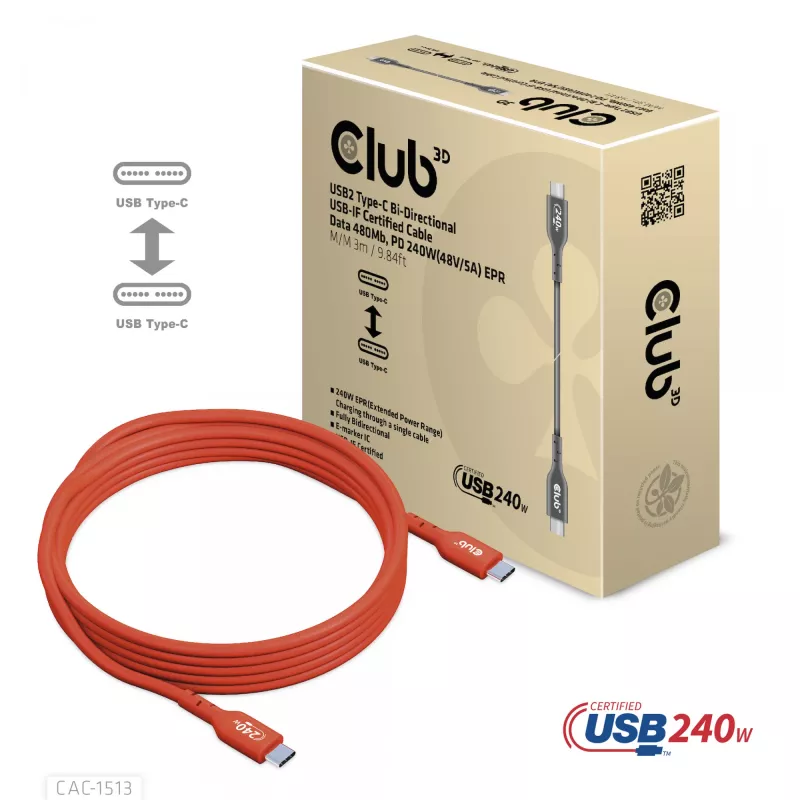 CLUB3D USB2 Type-C kahesuunaline USB-IF sertifitseeritud andmekaabel 480Mb, PD 240W(48V/5A) EPR M/M 3m / 9.84 ft