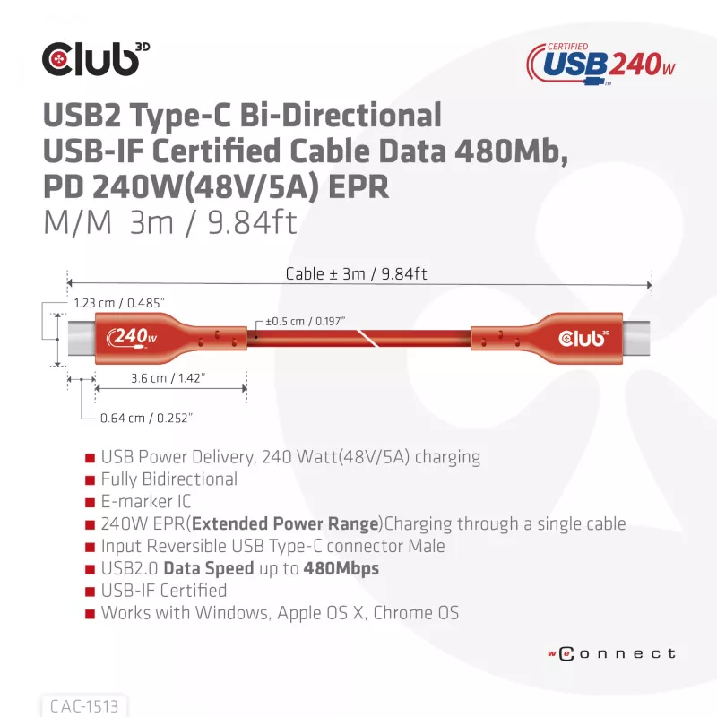 CLUB3D USB2 Type-C kahesuunaline USB-IF sertifitseeritud andmekaabel 480Mb, PD 240W(48V/5A) EPR M/M 3m / 9.84 ft