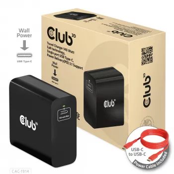 CLUB3D reisilaadija 140 W GaN-tehnoloogiaga, ühe pordiga USB Type-C, Power Delivery (PD) 3.1 tugi