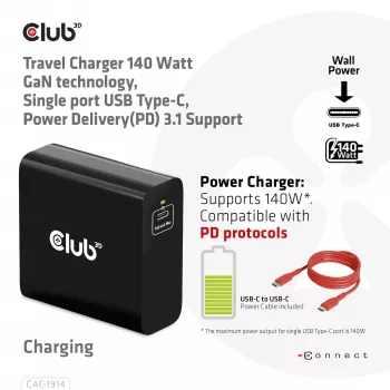 CLUB3D reisilaadija 140 W GaN-tehnoloogiaga, ühe pordiga USB Type-C, Power Delivery (PD) 3.1 tugi