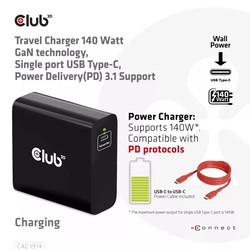CLUB3D reisilaadija 140 W GaN-tehnoloogiaga, ühe pordiga USB Type-C, Power Delivery (PD) 3.1 tugi