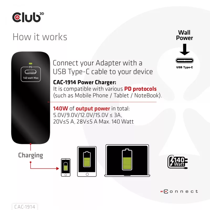 CLUB3D reisilaadija 140 W GaN-tehnoloogiaga, ühe pordiga USB Type-C, Power Delivery (PD) 3.1 tugi