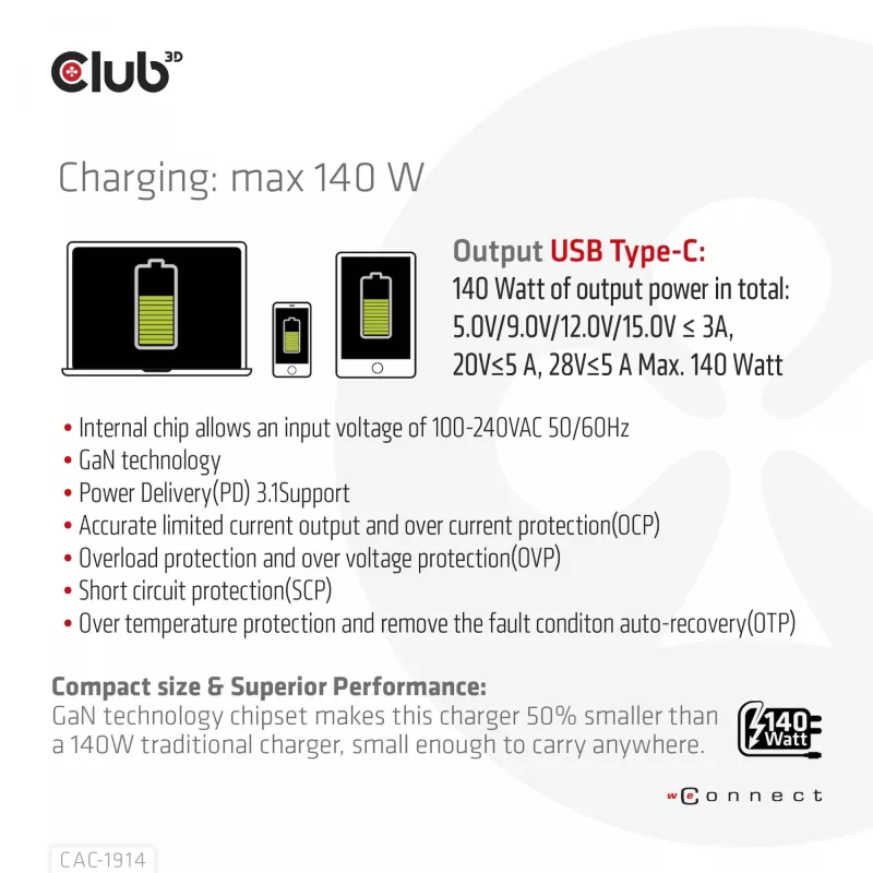 CLUB3D reisilaadija 140 W GaN-tehnoloogiaga, ühe pordiga USB Type-C, Power Delivery (PD) 3.1 tugi