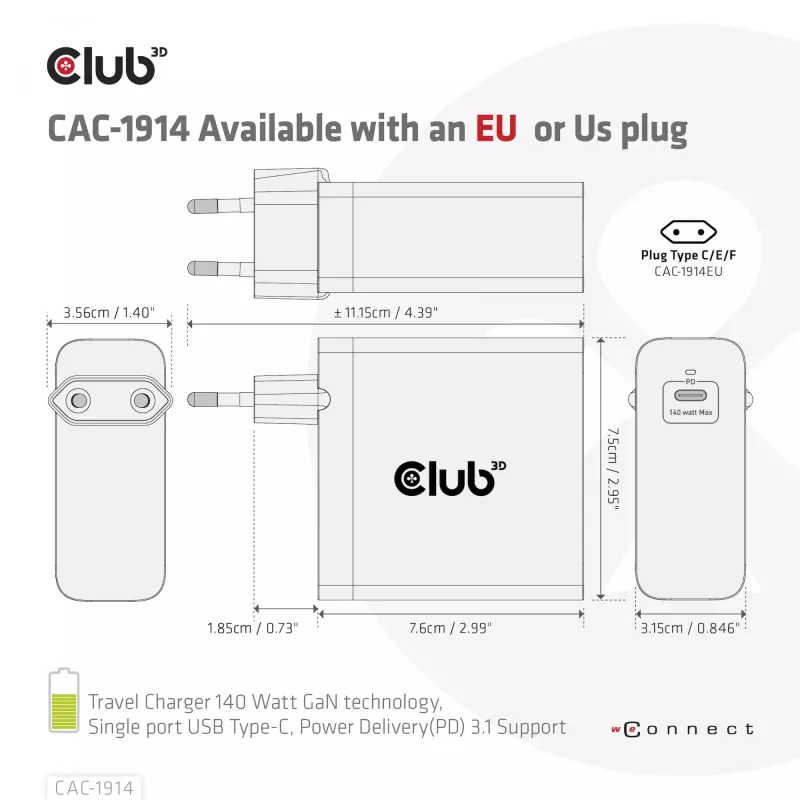 CLUB3D reisilaadija 140 W GaN-tehnoloogiaga, ühe pordiga USB Type-C, Power Delivery (PD) 3.1 tugi
