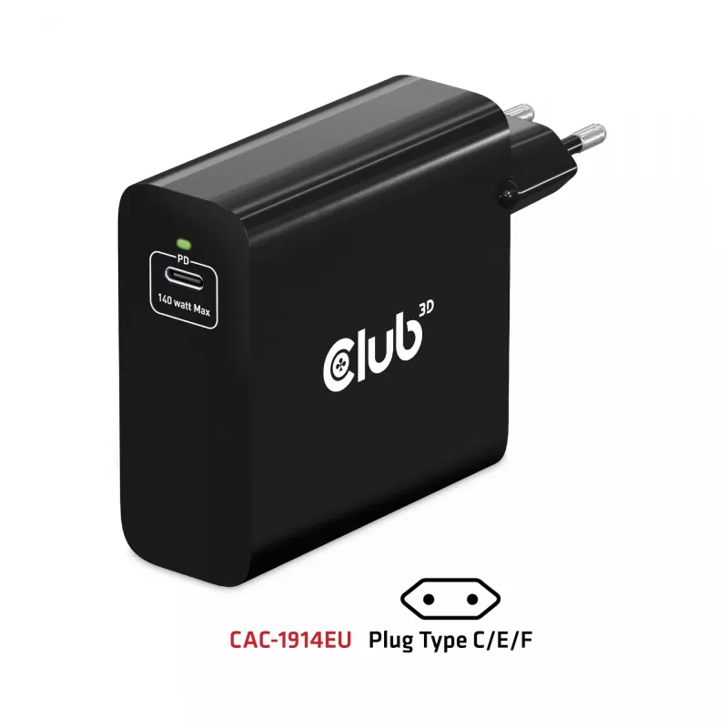 CLUB3D reisilaadija 140 W GaN-tehnoloogiaga, ühe pordiga USB Type-C, Power Delivery (PD) 3.1 tugi