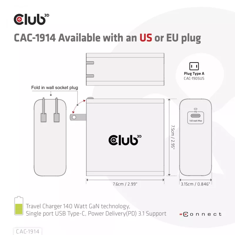 CLUB3D reisilaadija 140 W GaN-tehnoloogiaga, ühe pordiga USB Type-C, Power Delivery (PD) 3.1 tugi