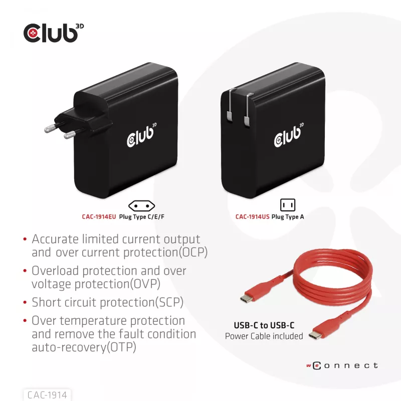 CLUB3D reisilaadija 140 W GaN-tehnoloogiaga, ühe pordiga USB Type-C, Power Delivery (PD) 3.1 tugi