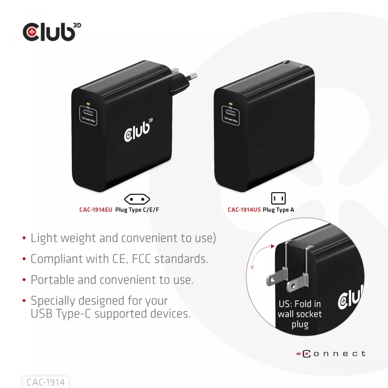 CLUB3D reisilaadija 140 W GaN-tehnoloogiaga, ühe pordiga USB Type-C, Power Delivery (PD) 3.1 tugi