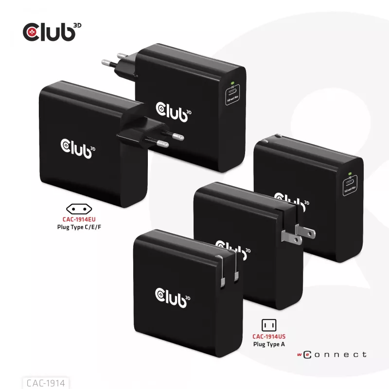 CLUB3D reisilaadija 140 W GaN-tehnoloogiaga, ühe pordiga USB Type-C, Power Delivery (PD) 3.1 tugi