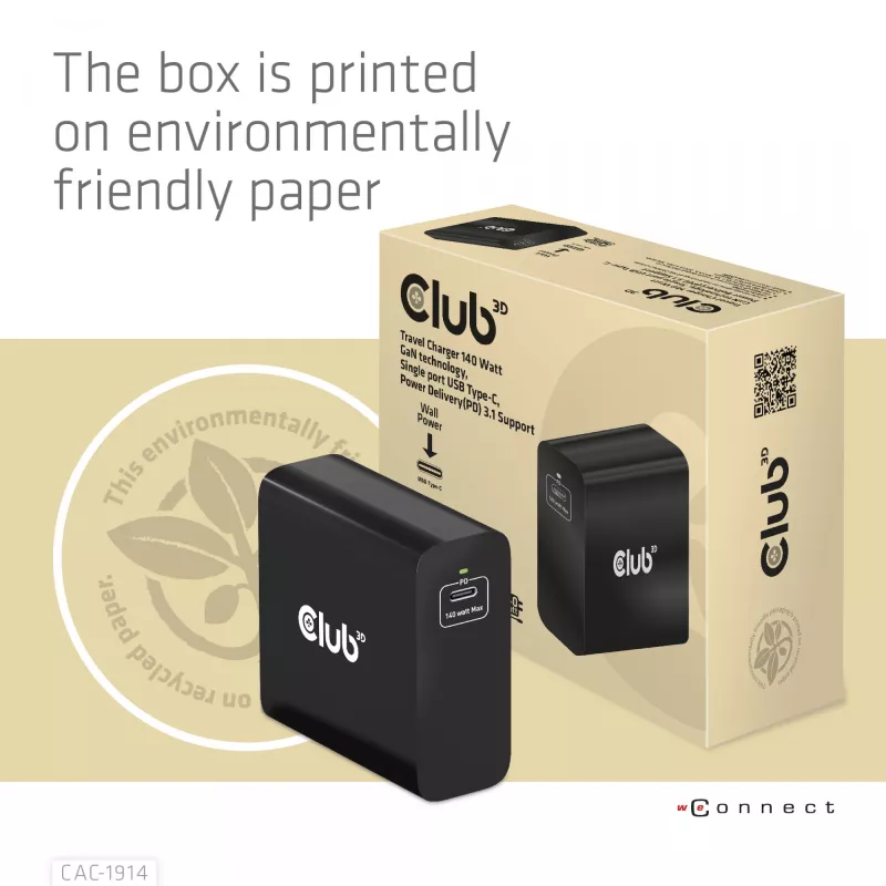 CLUB3D reisilaadija 140 W GaN-tehnoloogiaga, ühe pordiga USB Type-C, Power Delivery (PD) 3.1 tugi