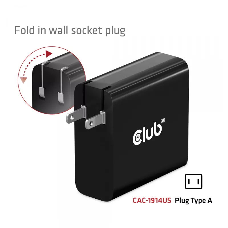 CLUB3D reisilaadija 140 W GaN-tehnoloogiaga, ühe pordiga USB Type-C, Power Delivery (PD) 3.1 tugi