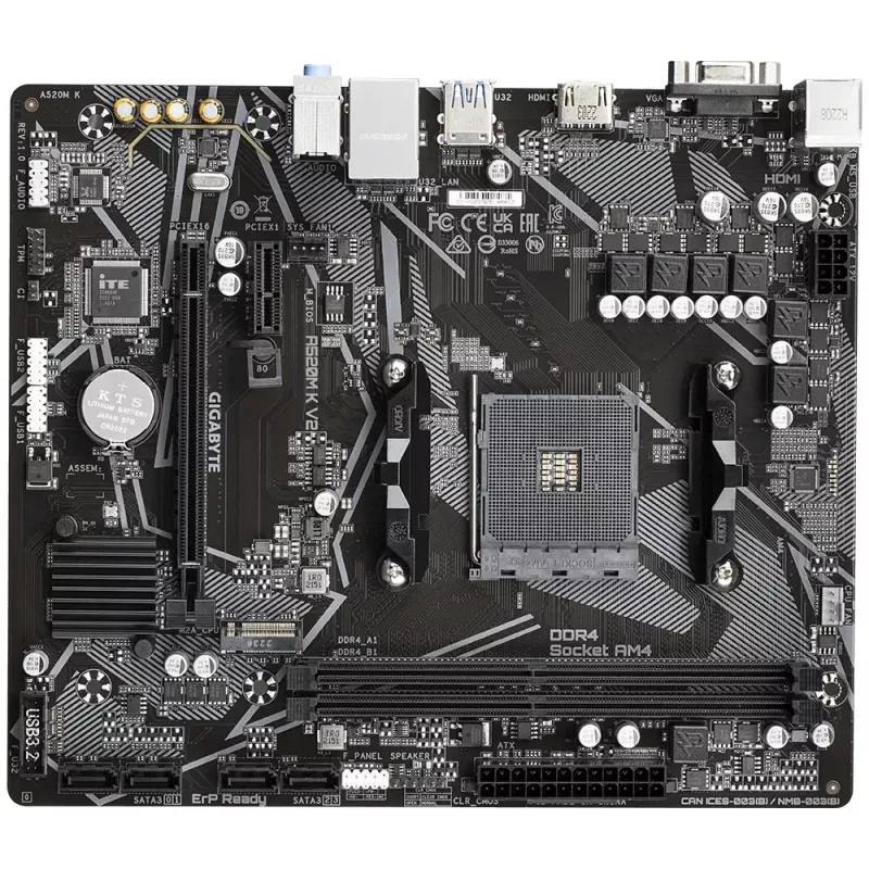 GIGABYTE A520M K V2 emaplaat - toetab AMD Ryzen 5000 seeria AM4 protsessoreid, kuni 5100 MHz DDR4 (OC), PCIe Gen3 x4 M.2, GbE LAN, USB 3.2 Gen 1